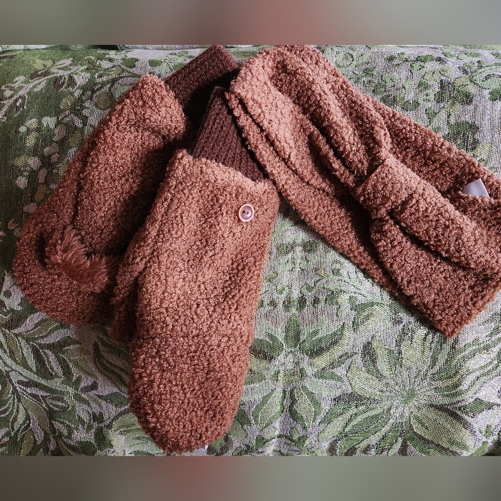 Sherpa Head Band And Flip Mittens